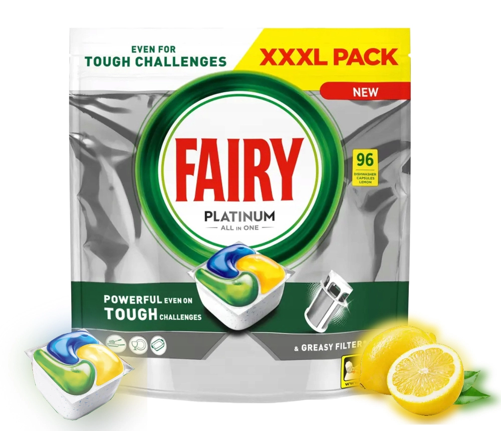 Fairy Platinum All-in-One Lemon 96 sztuk – Kapsułki do Zmywarki z Aktywną Formułą Odtłuszczającą