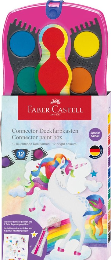 Farby Szkolne Connector Edycja Unicorn 12 Kol. + Brokat W Żelu + Naklejki, Różowa Kasetka Faber-Castell