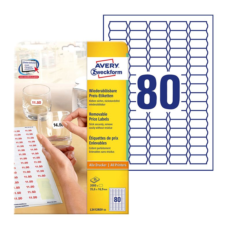 Usuwalne Etykiety Cenowe Avery 35.6x16.9 80/A4 A'25 Białe No.L3412REV-25