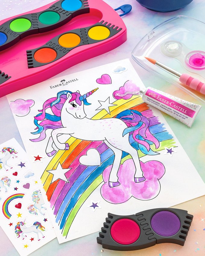 Farby Szkolne Connector Edycja Unicorn 12 Kol. + Brokat W Żelu + Naklejki, Różowa Kasetka Faber-Castell
