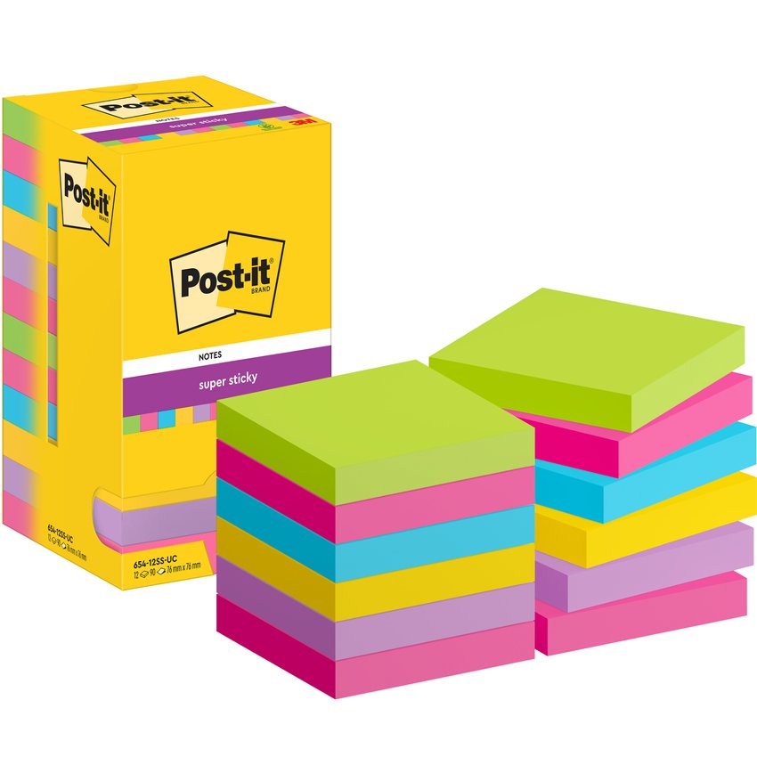 Bloczek samoprzylepny POST-IT® Super sticky 76x76mm 12x90 kart., mix kolorów