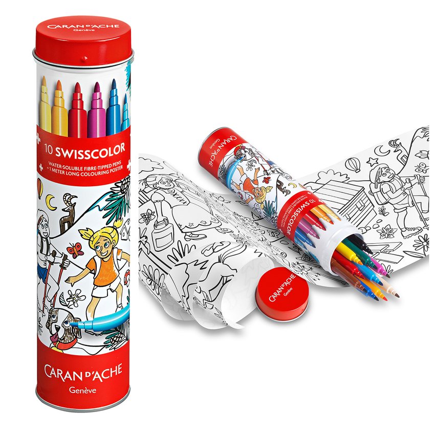 Flamastry akwarelowe CARAN D'ACHE Swisscolor w metalowej tubie z kolorowanką 10 szt., mix kolorów