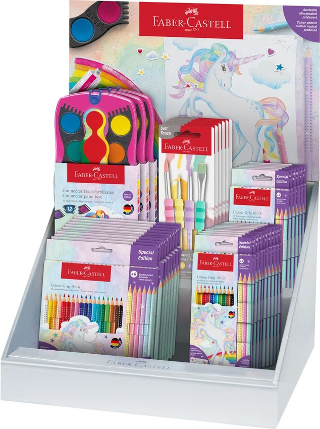 Display Grip Edycja Unicorn  (15 X Kredki Grip 10+3, 10 X Kredki Grip 18+6, 5 X Pędzelki, 3 X Farby)Faber-Castell