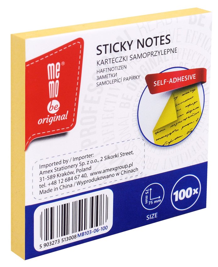 Bloczek Samoprzylepny 75x75 100k Żółty /Memobe