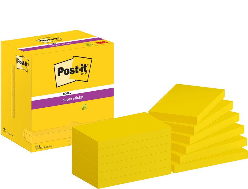 Karteczki samoprzylepne POST-IT® Super Sticky (655-12SSCY-EU), 127x76mm 12x90 kart., żółte