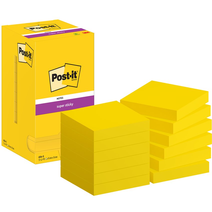 Karteczki samoprzylepne POST-IT® Super Sticky (654-S), 76x76mm 12x90 kart., żółte