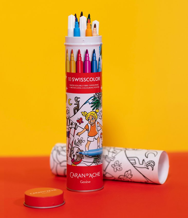 Flamastry akwarelowe CARAN D'ACHE Swisscolor w metalowej tubie z kolorowanką 10 szt., mix kolorów