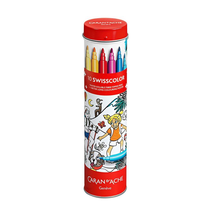 Flamastry akwarelowe CARAN D'ACHE Swisscolor w metalowej tubie z kolorowanką 10 szt., mix kolorów