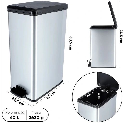 Kosz na odpady 40L z pedałem Slim Bin Curver 213298 metalizowany