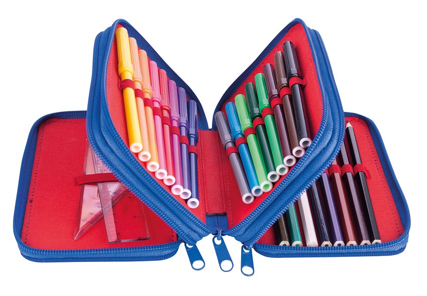 Piórnik szkolny GIMBOO z wyposażeniem 3 komory graffiti niebieski