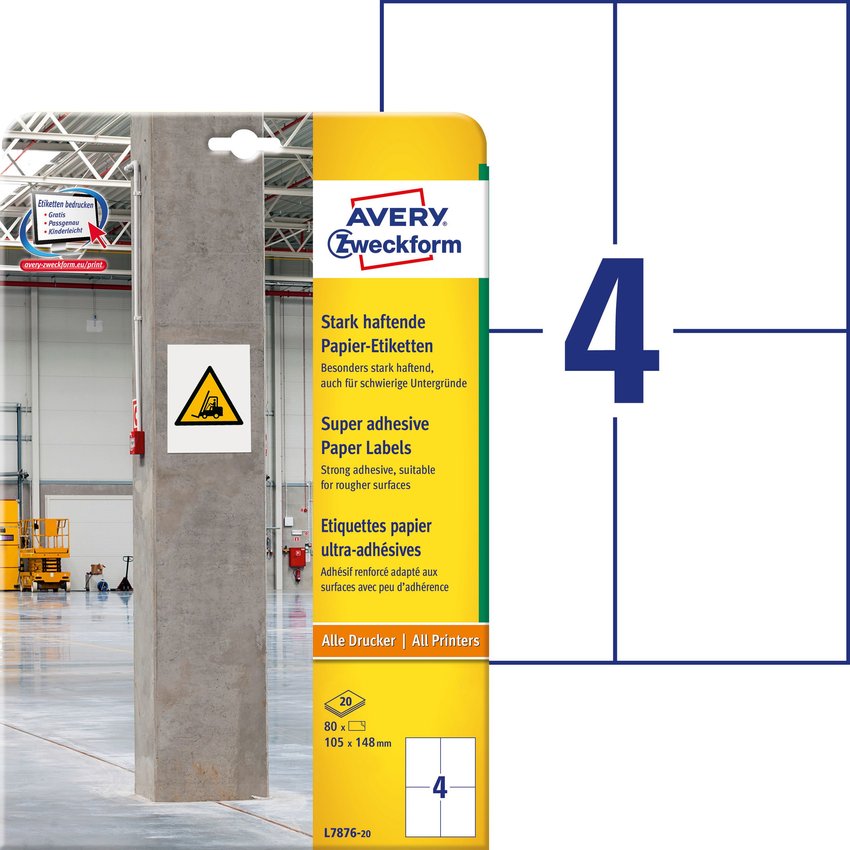 Etykiety Papierowe Avery 105x148 20/A4 A'4 Białe No.7876-20