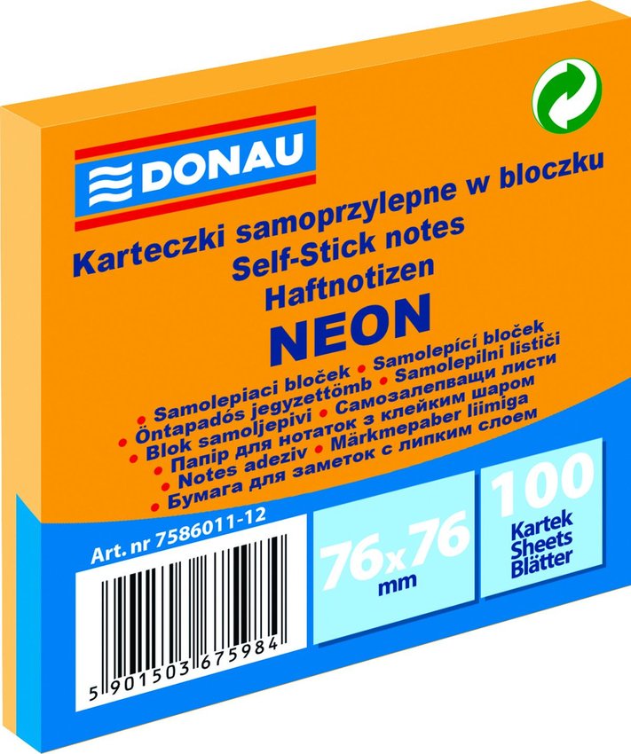 Bloczek Samoprzylepny Donau 76X76mm 1X100 Kart. Neon Pomarańczowy