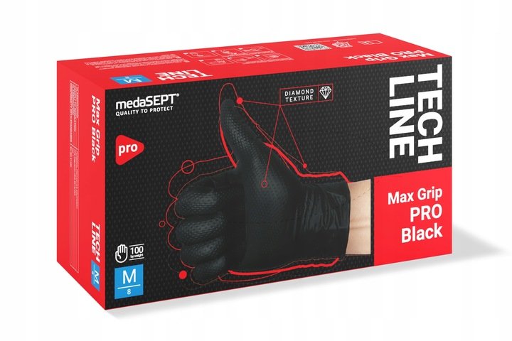 Rękawice Nitrylowe Bezpudrowe Czarne Max Grip PRO M 100szt. /Medasept