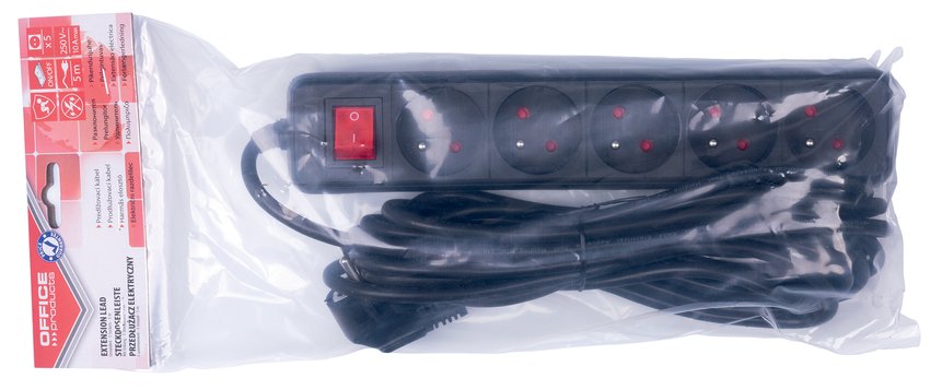 Przedłużacz OFFICE PRODUCTS 5 gniazd 5m z uziemieniem i wyłącznikiem czarny