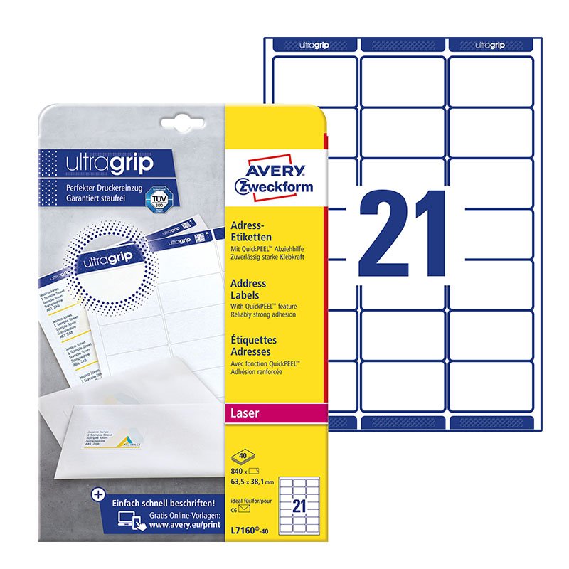 Samoprzylepne etykiety adresowe Avery 63.5x38.1 21/A4 A'40 białe No.L7160-40