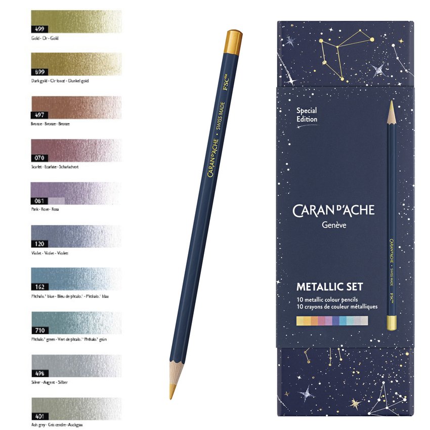 Kredki CARAN D'ACHE Cosmic Blue w pudełku 10 szt., mix kolorów metalicznych