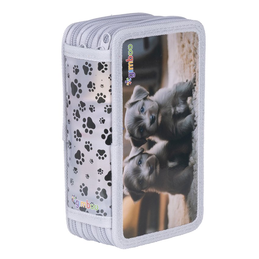 Piórnik szkolny GIMBOO z wyposażeniem 3 komory Puppies 2025 szary