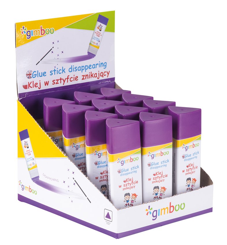 Klej w sztyfcie GIMBOO PVP trójkątny znikający 15g 1 szt., pakowany w displayu fioletowy