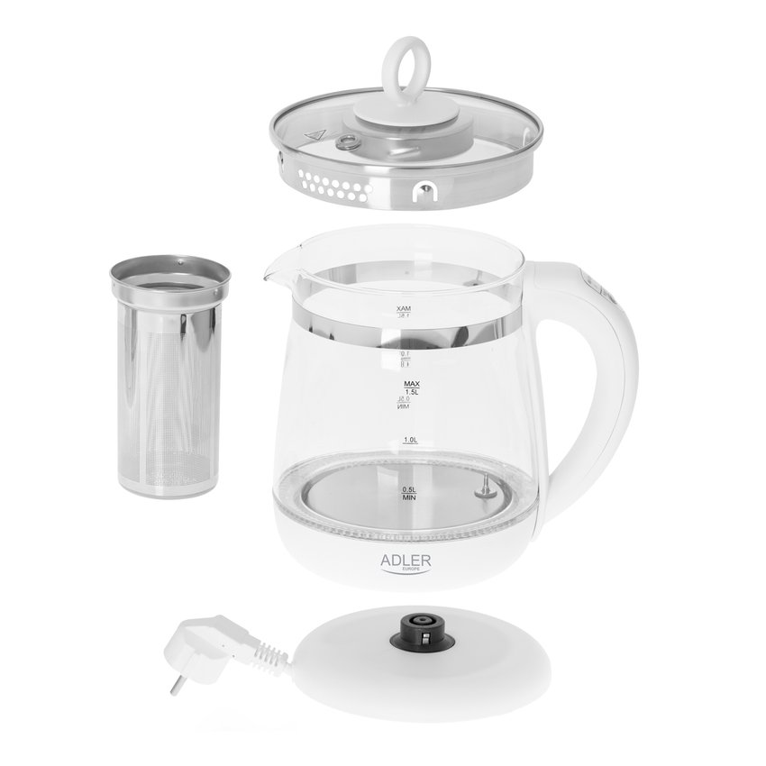 Czajnik elektryczny ADLER AD 1299 15L z regulacją temperatury i zaparzaczem szklany biały