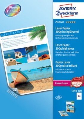 Papier Fotograficzny Obustronnie Powlekany Premium A4 200g 200szt. Avery 210x297 Biały Wysokobłyszczący No.1398-200