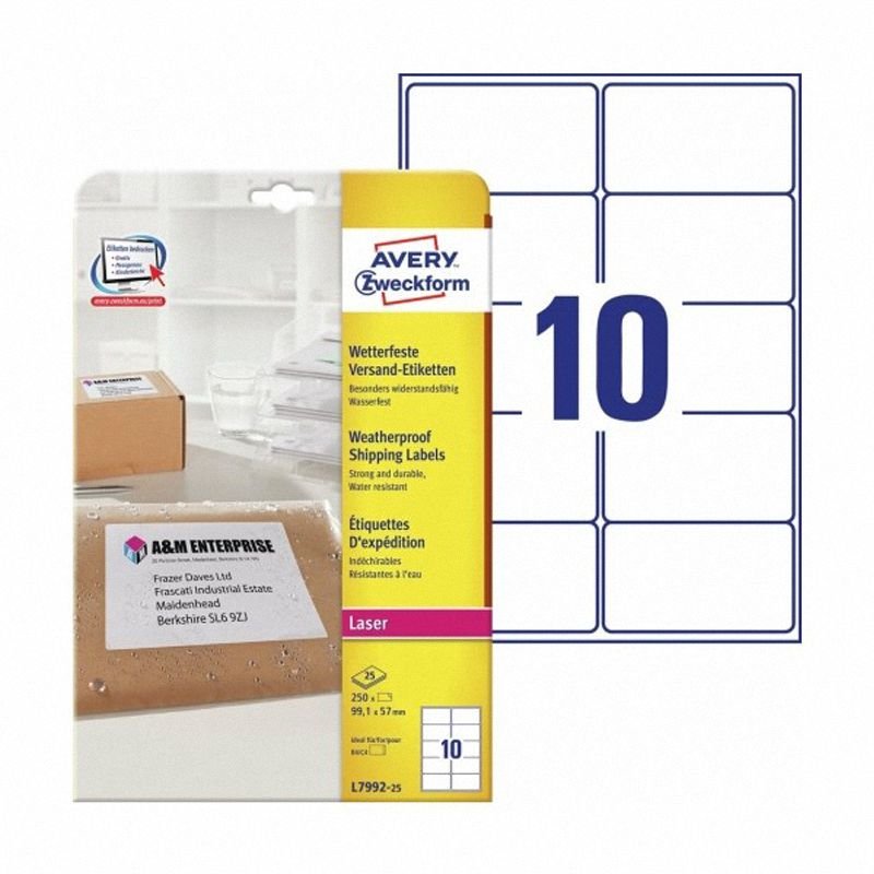 Etykiety Poliestrowe Samoprzylepne Avery 99.1x57 10/A4 A'25 Białe No.L7992-25