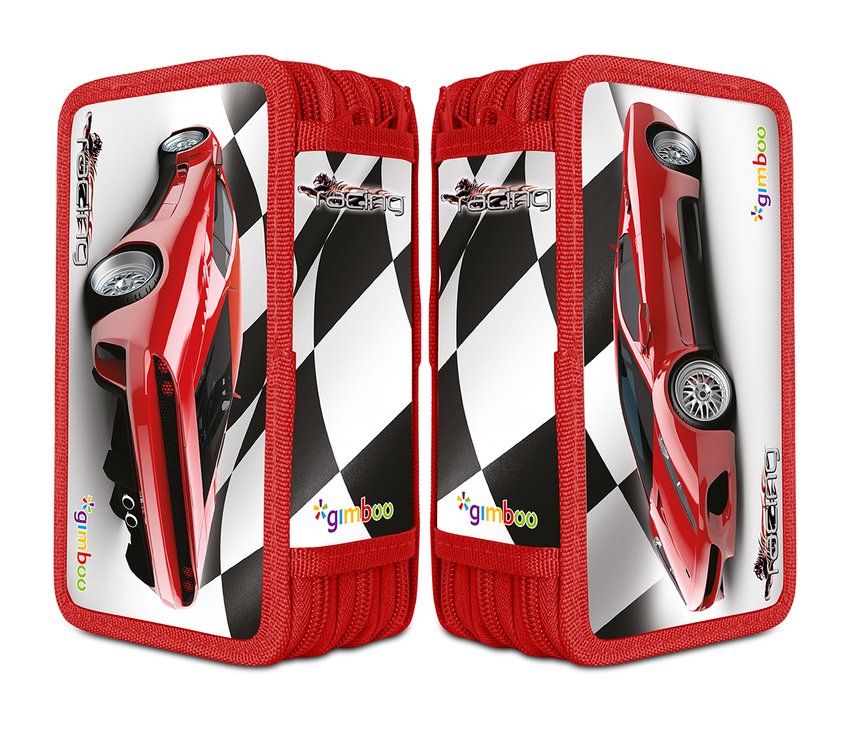Piórnik szkolny GIMBOO z wyposażeniem 3 komory wyścigi czerwony