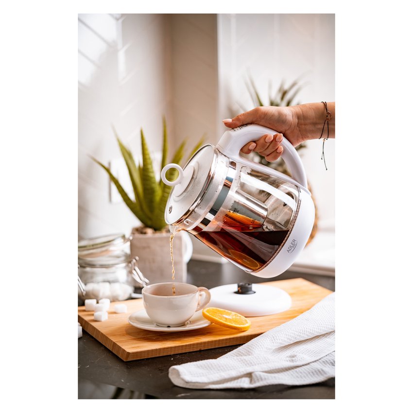 Czajnik elektryczny ADLER AD 1299 15L z regulacją temperatury i zaparzaczem szklany biały