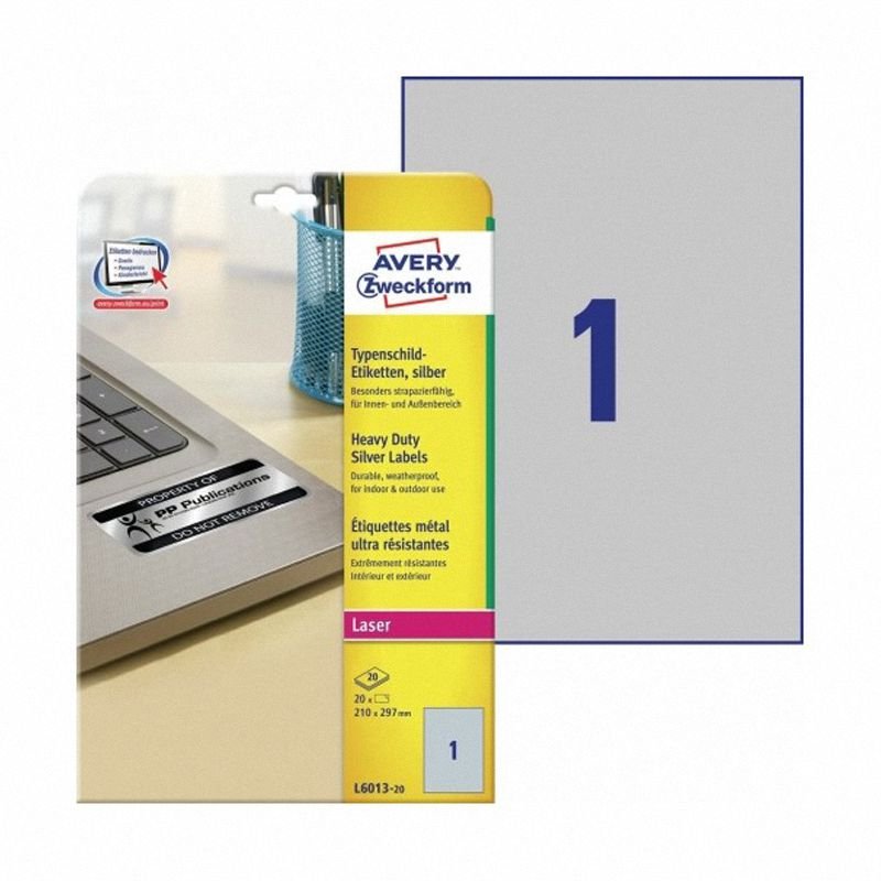 Etykiety Samop. Avery HD Foliowe 210x297 1/A4 A'20 Srebrne No.L6013-20