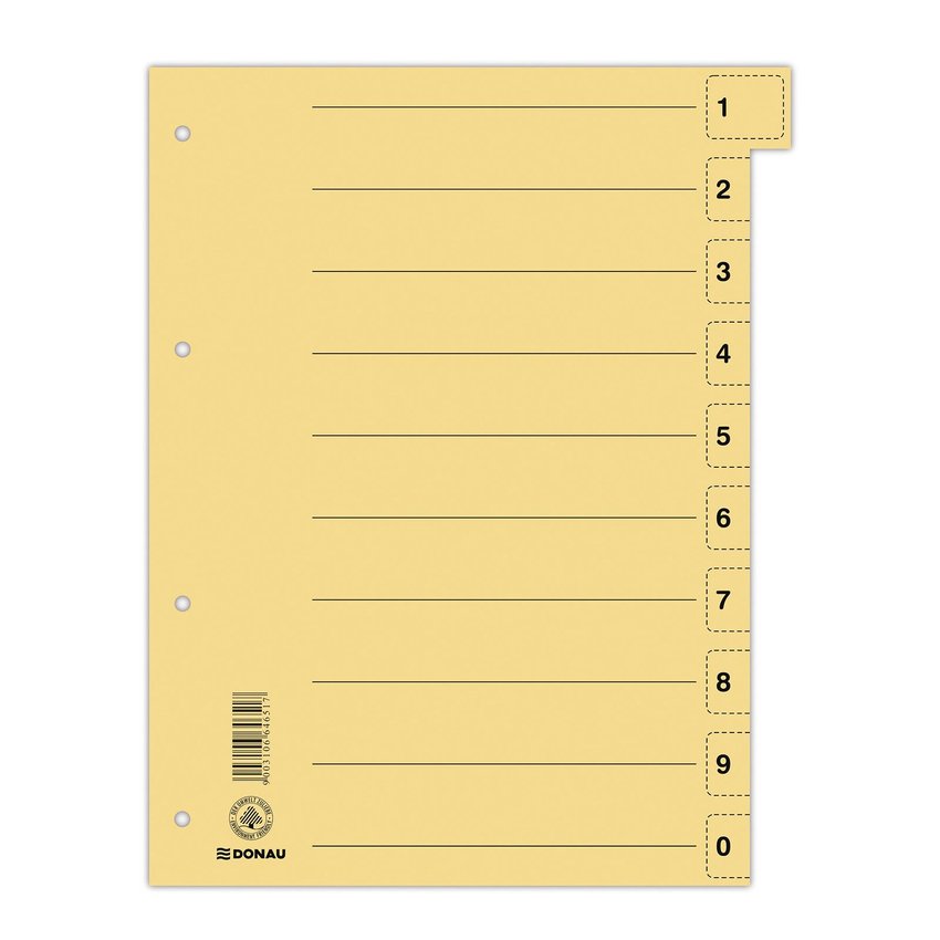 Przekładka Donau Karton A4 235X300mm 0-9 1 Karta Z Perforacją Żółta