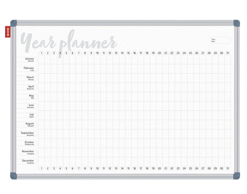 Tablica Planer Memobe, Roczny, Nadruk W Kolorze Czarnym, Rama Aluminiowa Classic, Model 8, 150X100 Cm