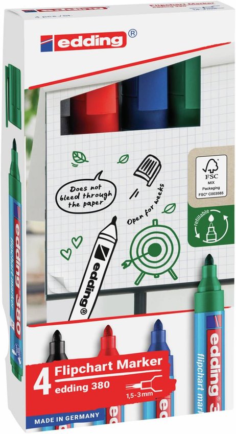 Marker do flipchartów e-380 EDDING 15-3 mm 4 szt., mix kolorów