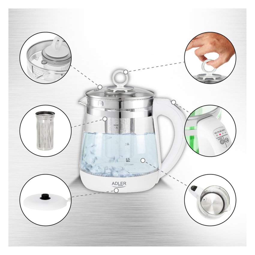 Czajnik elektryczny ADLER AD 1299 15L z regulacją temperatury i zaparzaczem szklany biały