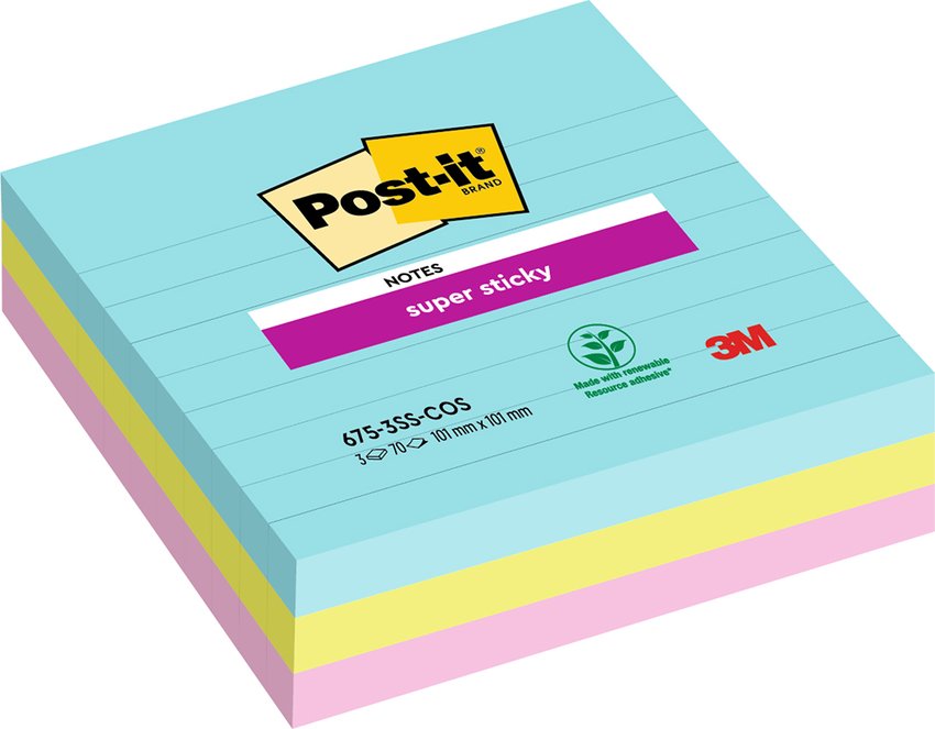 Karteczki samoprzylepne POST-IT® Super Sticky w linie (675-SS3-MIA), 101x101mm 3x70 kart., paleta Miami