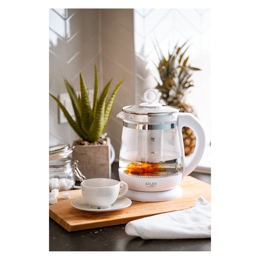 Czajnik elektryczny ADLER AD 1299 15L z regulacją temperatury i zaparzaczem szklany biały