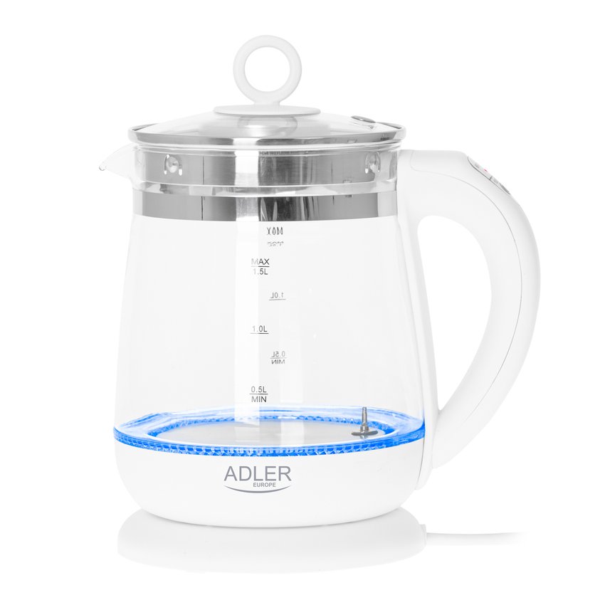 Czajnik elektryczny ADLER AD 1299 15L z regulacją temperatury i zaparzaczem szklany biały