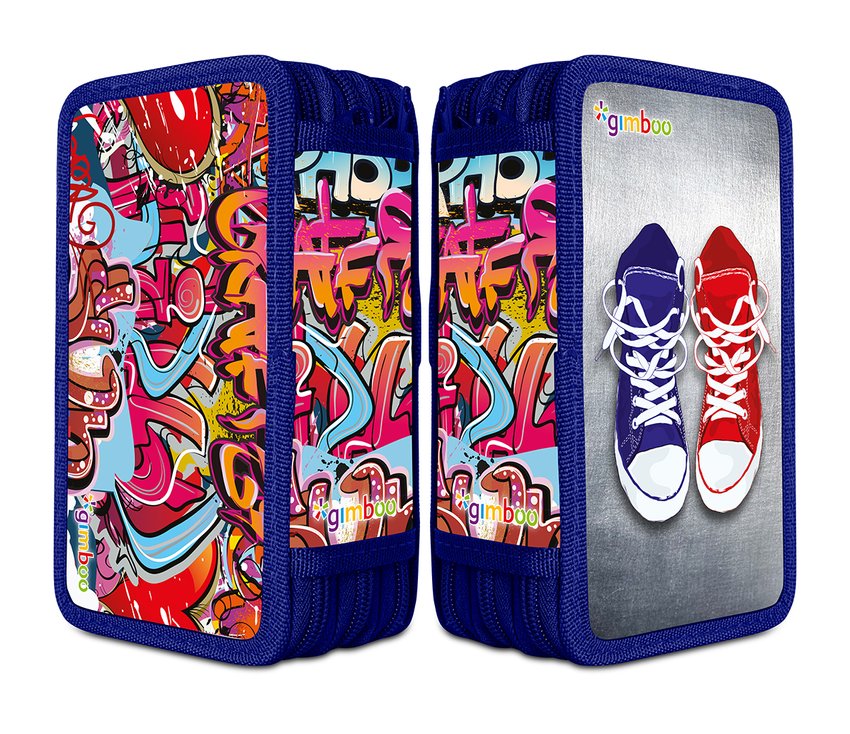 Piórnik szkolny GIMBOO z wyposażeniem 3 komory graffiti niebieski