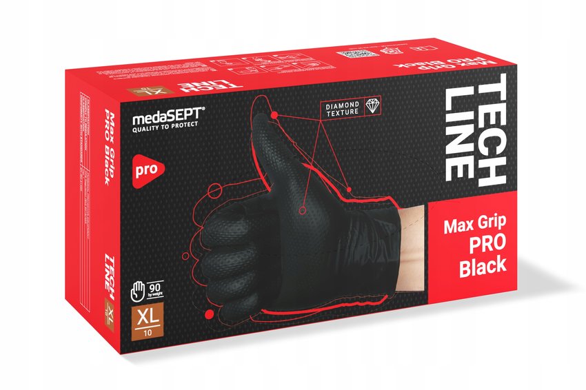 Rękawice Nitrylowe Bezpudrowe Czarne Max Grip PRO XL 90szt. /Medasept