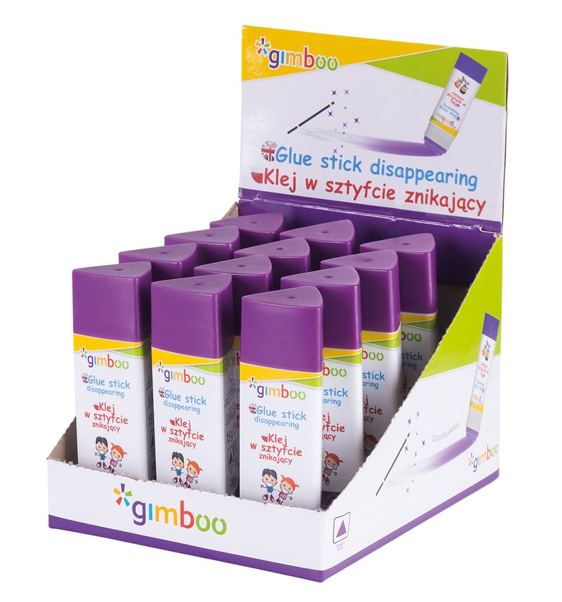 Klej w sztyfcie GIMBOO PVP trójkątny znikający 15g 1 szt., pakowany w displayu fioletowy
