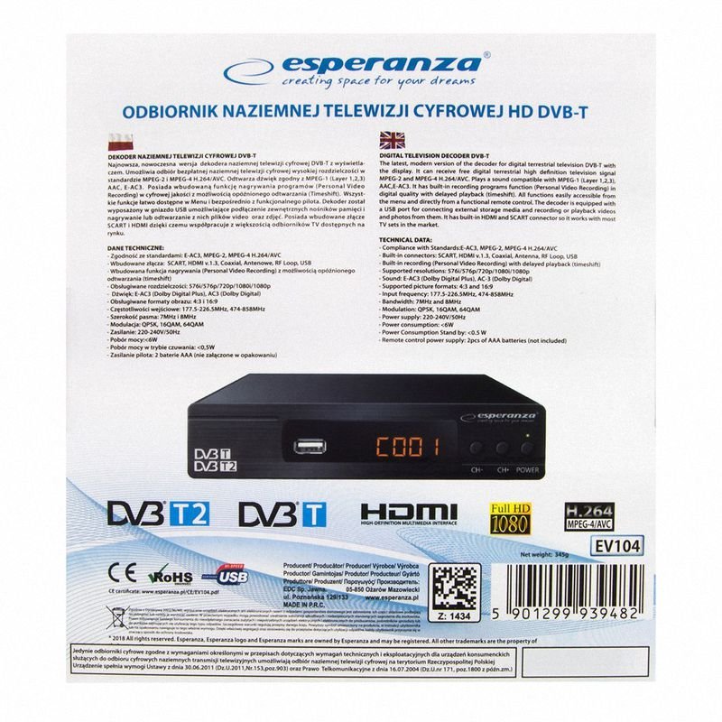 Dekoder Cyfrowy TV Tuner DVB-T/T2 Esperanza