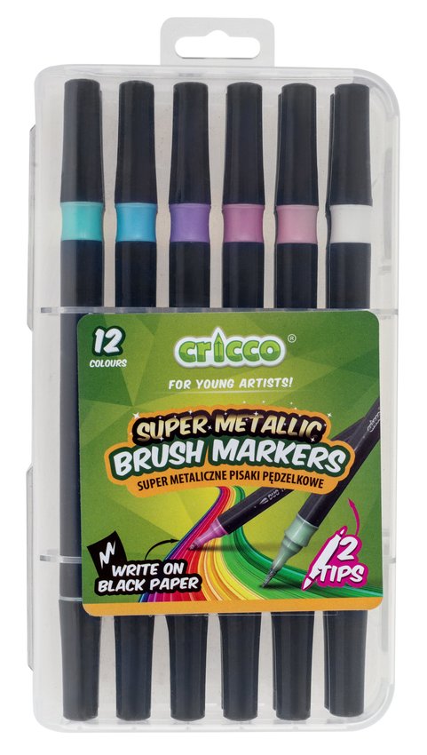 Pisaki Metaliczne Pędzelkowe Dwustronne  Cricco 12-Kol. Kaseta