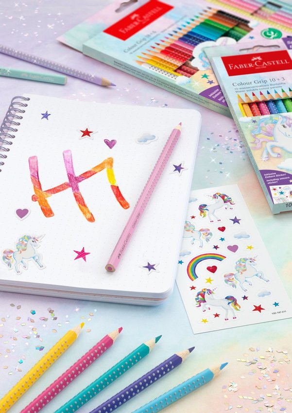 Kredki Grip 2001 Edycja Unicorn 18  Kredek Grip + 6 Kredek Sparkle Pastelowych + Naklejki Faber-Castell