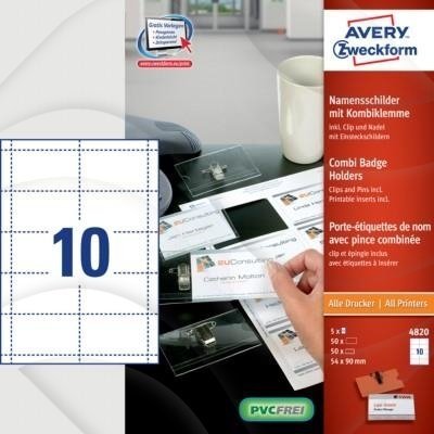 Identyfikatory Klips & Agrafka + Wkłady Avery 90x54 10/A4 A'5 Przezroczyste No.4820