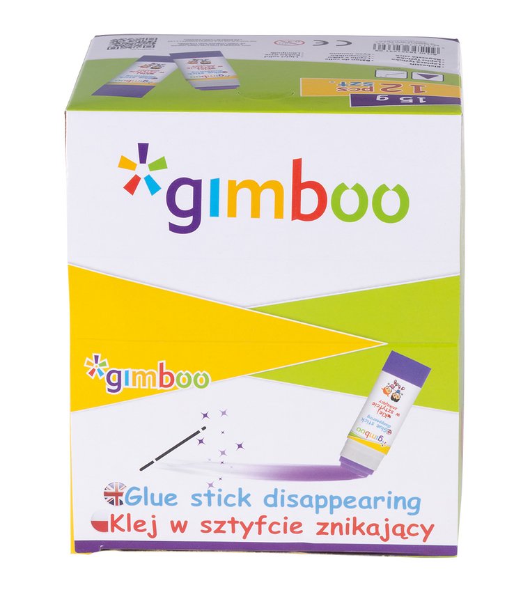 Klej w sztyfcie GIMBOO PVP trójkątny znikający 15g 1 szt., pakowany w displayu fioletowy