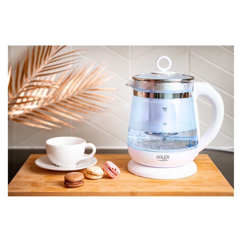 Czajnik elektryczny ADLER AD 1299 15L z regulacją temperatury i zaparzaczem szklany biały