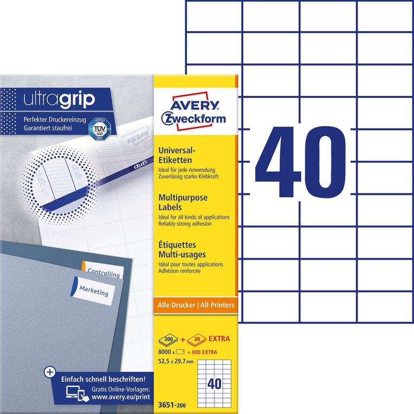 Etykiety Samoprzylepne Avery 52.5x29.7 40/A4 A'200 Białe No.3651-200