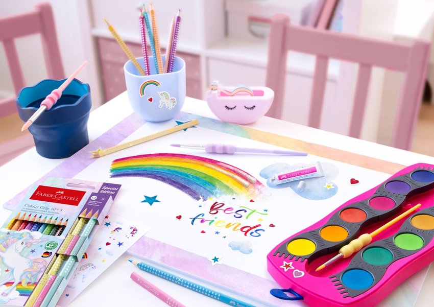 Farby Szkolne Connector Edycja Unicorn 12 Kol. + Brokat W Żelu + Naklejki, Różowa Kasetka Faber-Castell