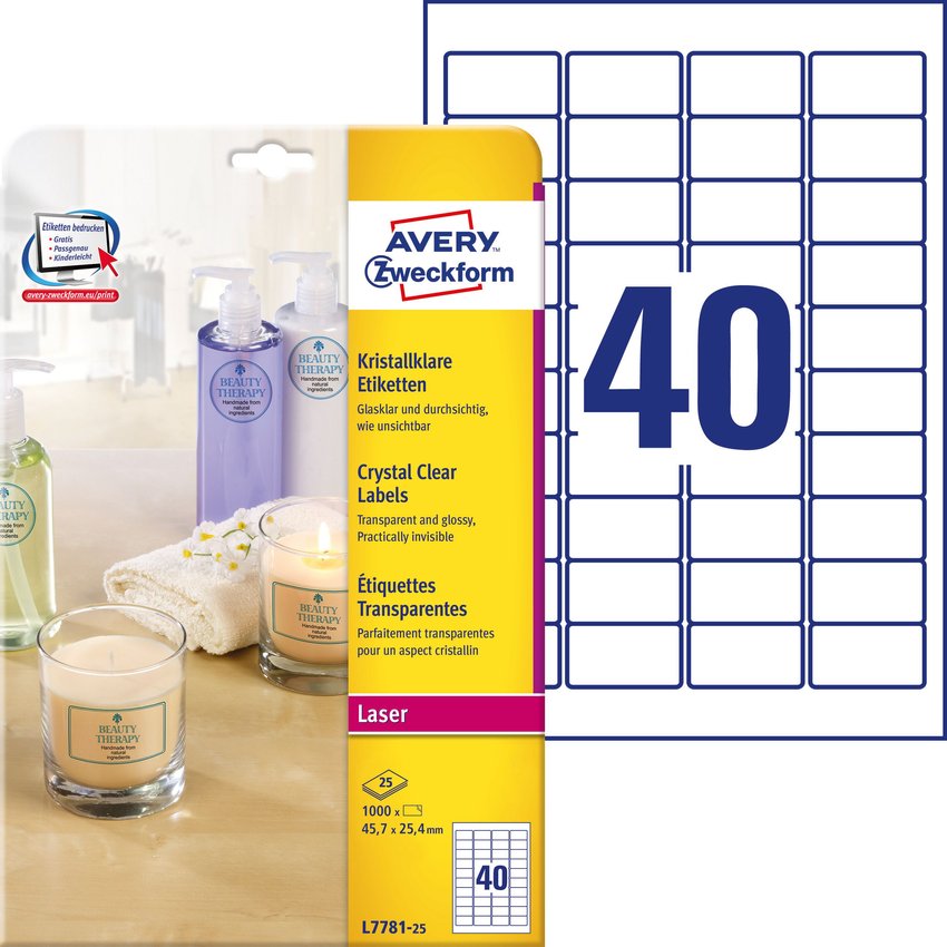 Etykiety Samop. Avery 45,7x25,4 40/A4 A'25 Przezroczyste No.L7781-25