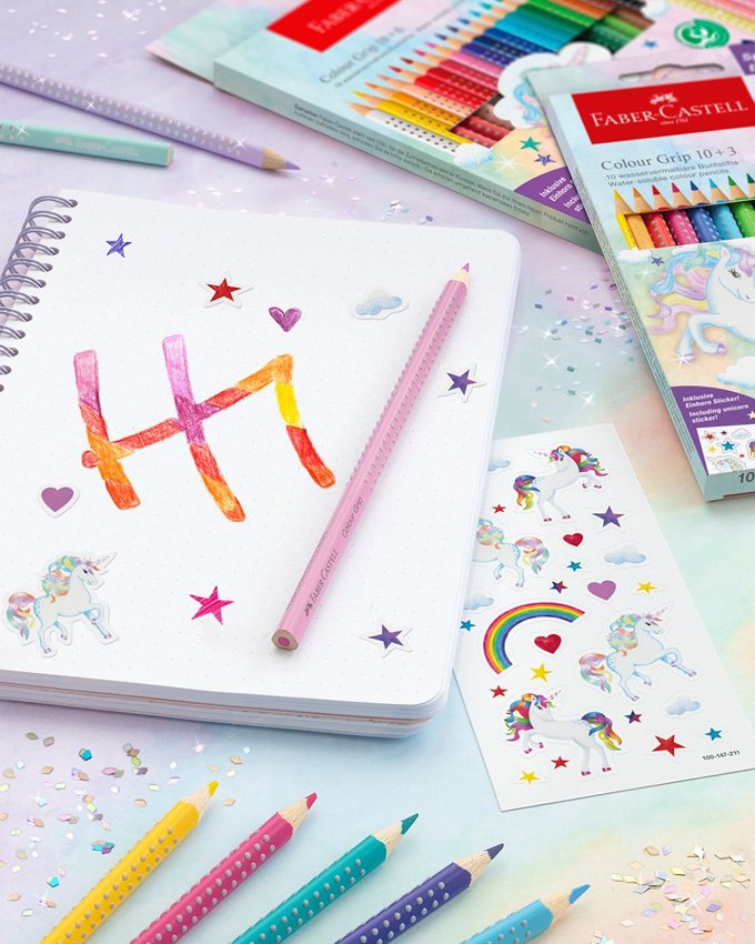 Kredki Grip 2001 Edycja Unicorn 18  Kredek Grip + 6 Kredek Sparkle Pastelowych + Naklejki Faber-Castell