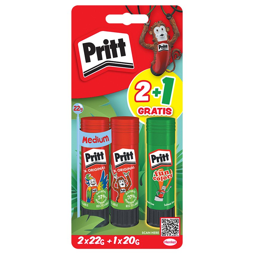 Klej w sztyfcie PRITT 2x22g + 1x20g neon blister mix kolorów