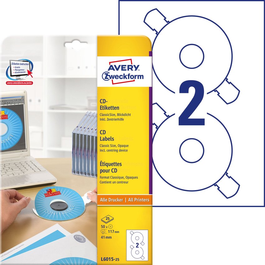 Etykiety Samop. Avery na CD 2/A4 A'25 Inkjet/Laser Białe Mat No.L6015-25